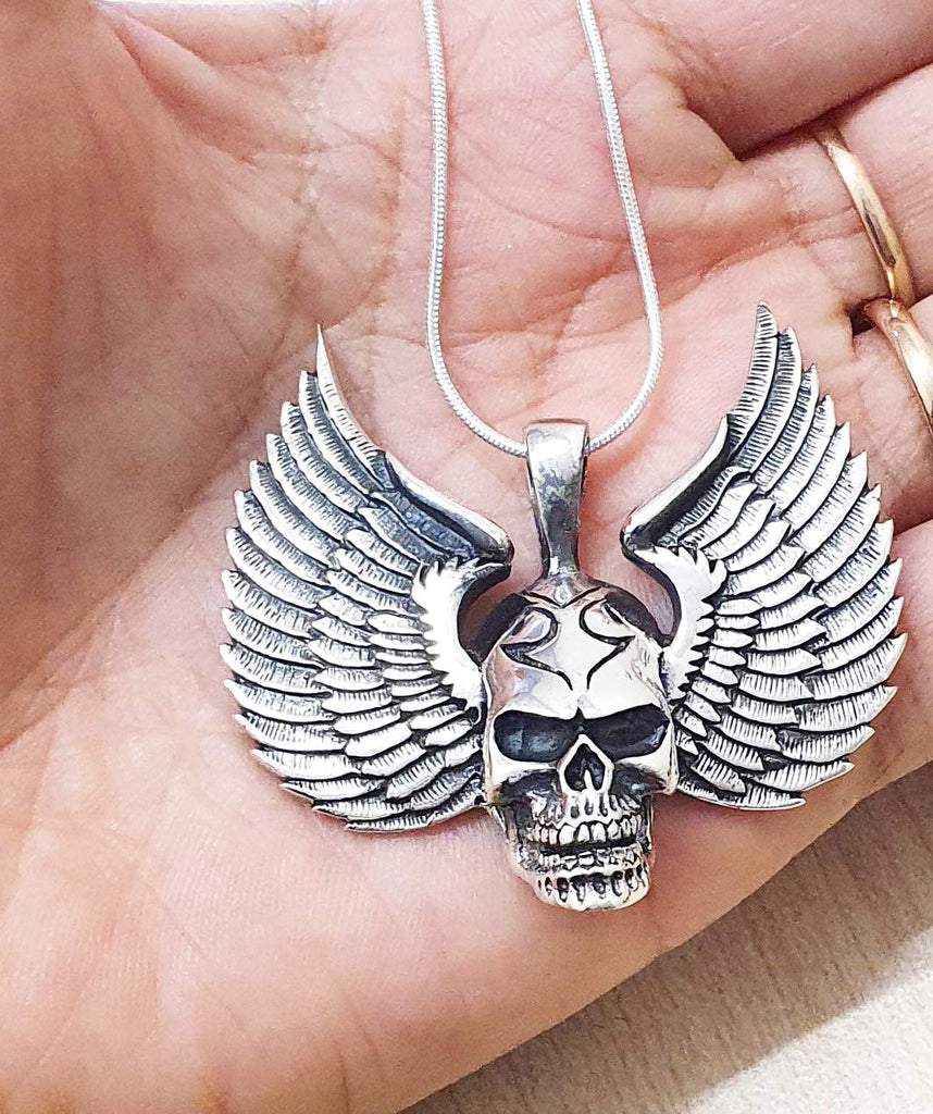 MENS 925 Sterling Silver Skull Wings Gothic Pendant Biker Goth Punk Rocker Large Silver Pendant treasurebayb2b