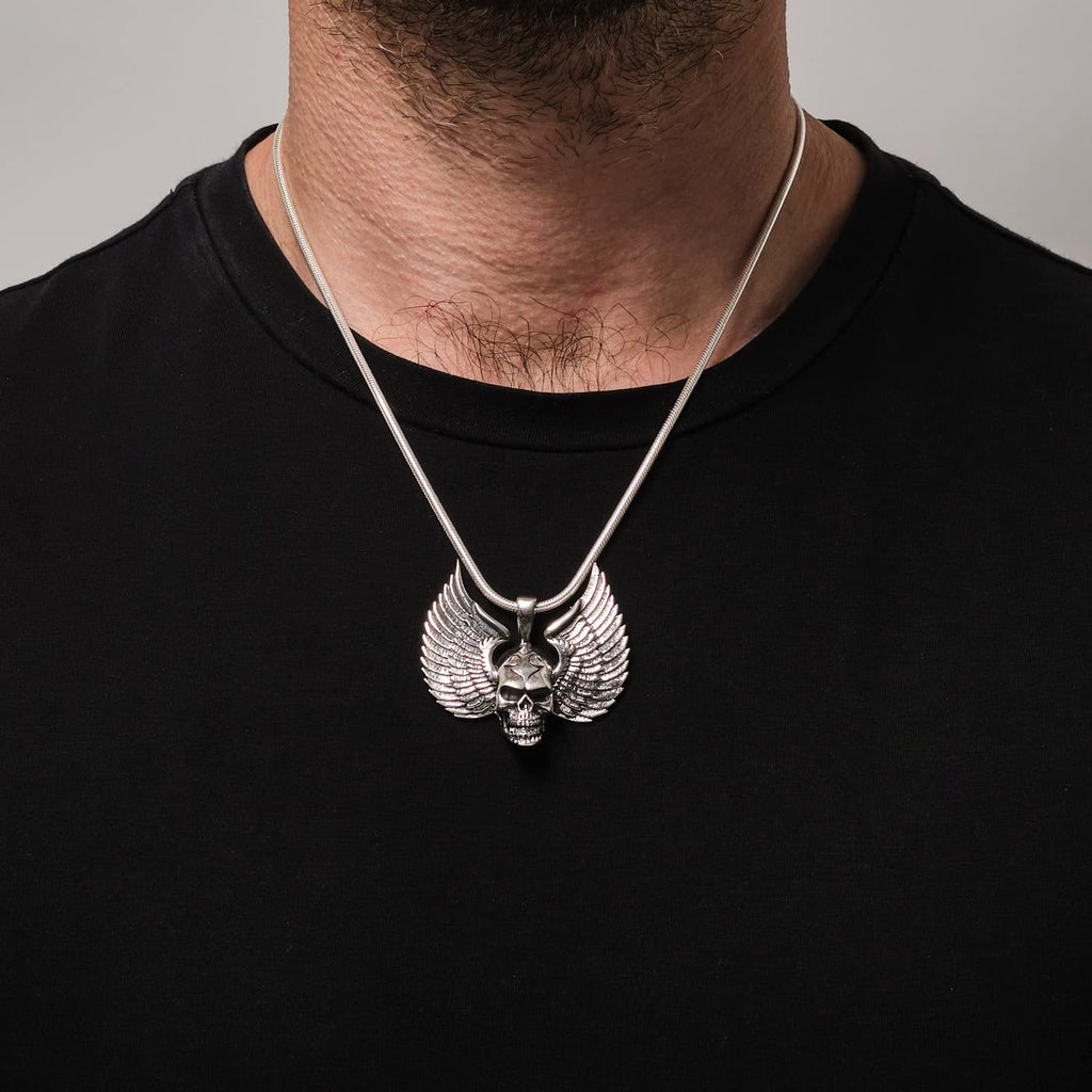 MENS 925 Sterling Silver Skull Wings Gothic Pendant Biker Goth Punk Rocker Large Silver Pendant treasurebayb2b