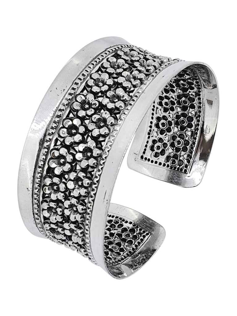 Solid 925 Sterling Silver Bangle Wide Floral Cuff for Ladies and Girls treasurebayb2b