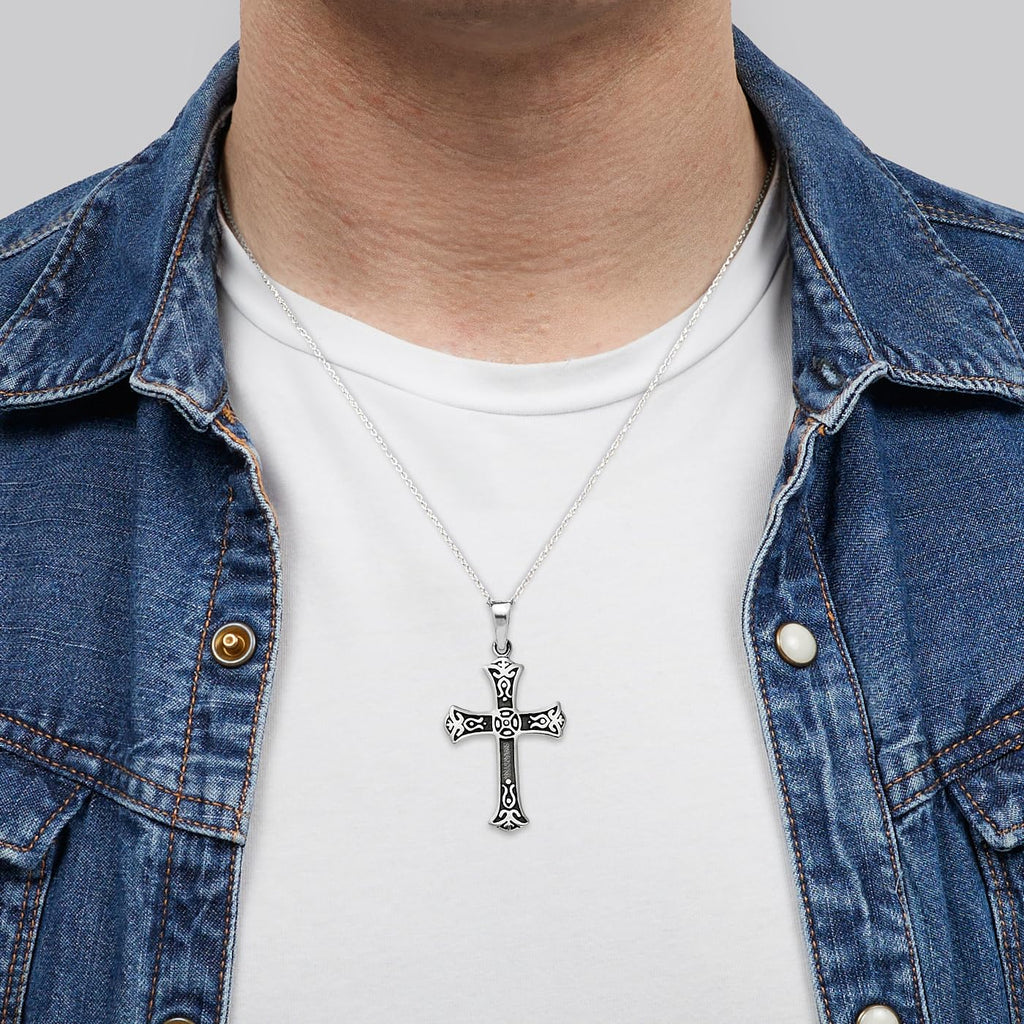 Men's Silver Cross Pendant Necklace | Gothic 925 Sterling Silver Pendant Necklace for Men and Women treasurebayb2b