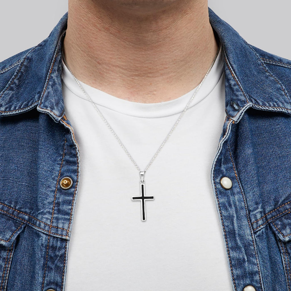 Men's Silver Black Enamel Cross Pendant Necklace | Classic 925 Sterling Silver Pendant Necklace for Men and Women treasurebayb2b