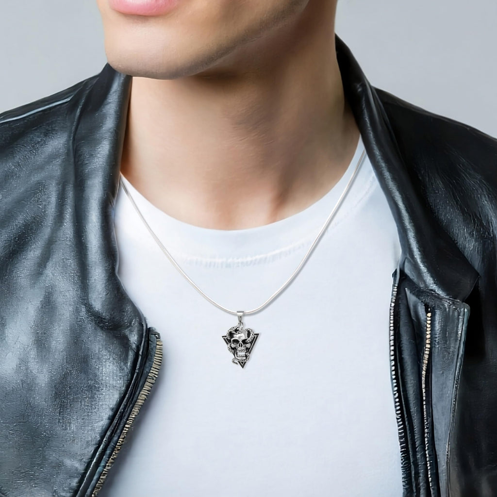 Mens Womens Skull with Snake Pendant Necklace Wicca, Pagan, Gothic, Punk, Rock Skull 295 Silver Pendant treasurebayb2b