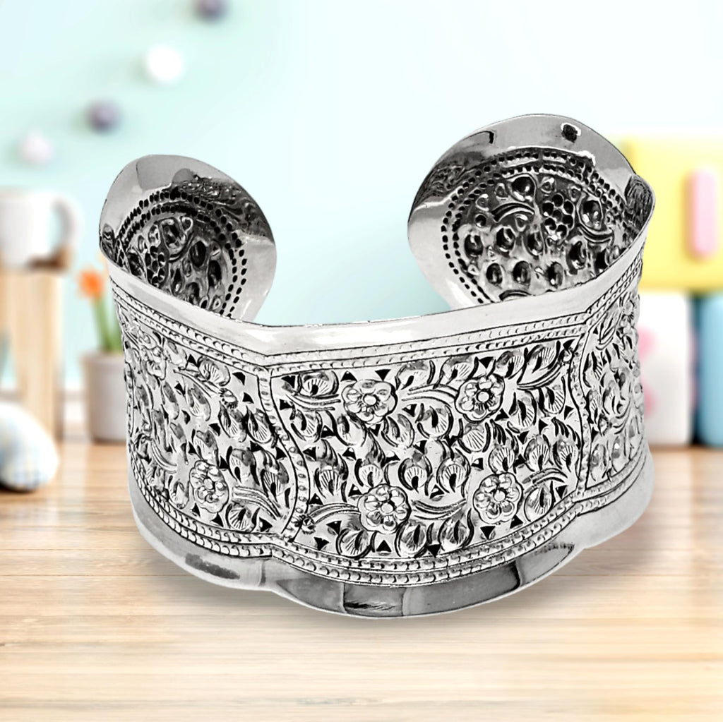 Solid 925 Sterling Silver Bangle Floral Cuff for Women and Girls | Women's Chunky Statement Silver Cuff treasurebayb2b