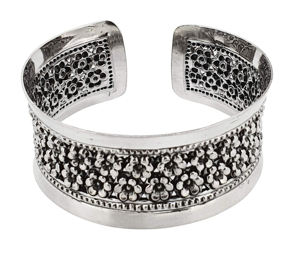 Solid 925 Sterling Silver Bangle Wide Floral Cuff for Ladies and Girls treasurebayb2b