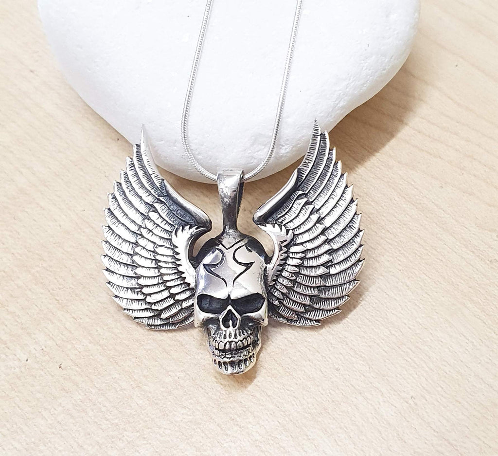 MENS 925 Sterling Silver Skull Wings Gothic Pendant Biker Goth Punk Rocker Large Silver Pendant treasurebayb2b