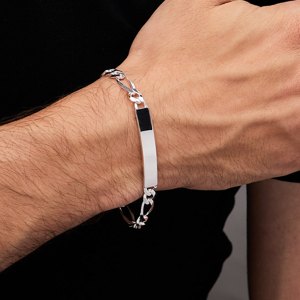 Men's ID Bracelet 7mm Figaro Chain 925 Sterling Silver Italian Made Bracelet treasurebayb2b