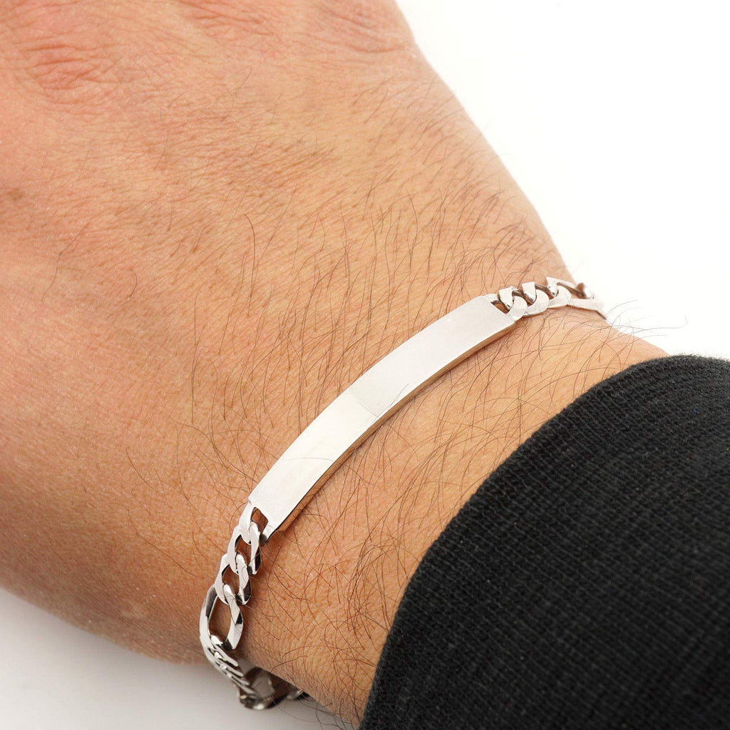 Men's ID Bracelet 7mm Figaro Chain 925 Sterling Silver Italian Made Bracelet treasurebayb2b