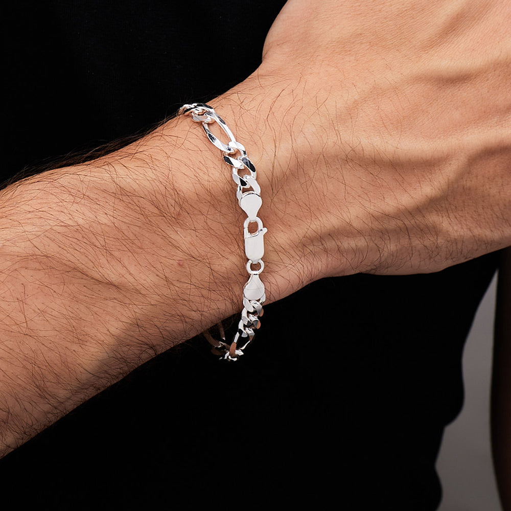 Men's ID Bracelet 7mm Figaro Chain 925 Sterling Silver Italian Made Bracelet treasurebayb2b
