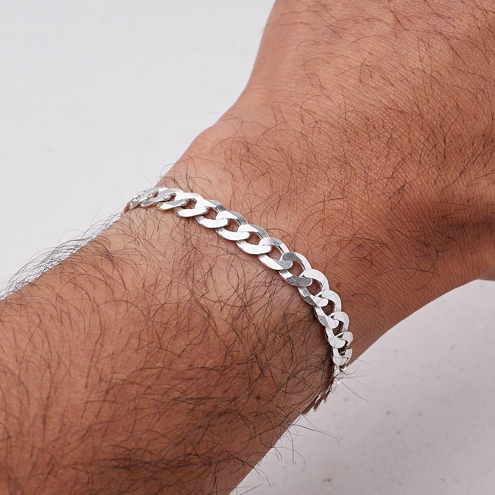 Mens Silver Chain Bracelet | 925 Sterling Silver 8mm Thick Curb Chain Bracelet treasurebayb2b